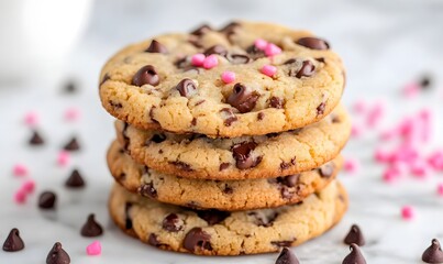 Wall Mural - Stack of four chocolate chip cookies with pink and chocolate sprinkles, Generative AI