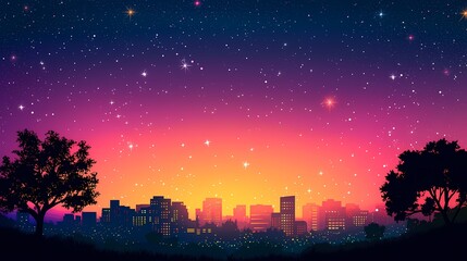 A vibrant twilight city skyline with a starry sky backdrop.