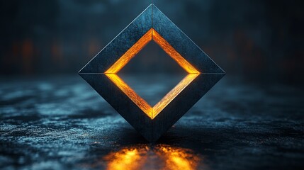 The Radiant Heart of Geometry: A mesmerizing diamond structure, forged from dark metal and infused with a glowing orange core, stands as a beacon against a moody, textured backdrop. 