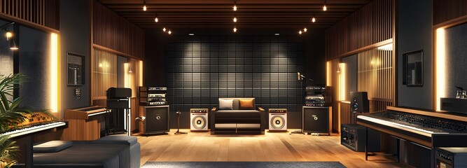Wall Mural - 86. **a stylish music studio with state-of-the-art equipment, soundproof walls, and a creative, ener