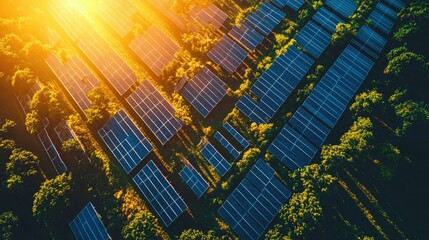 Solar panels in a farm setting, illuminated by sunlight, producing clean renewable energy.