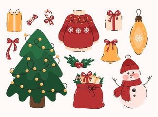 Wall Mural - Cute set of Christmas elements. Sweater, snowman, Christmas tree, bag with gifts, toys, sweets. Flat vector illustration.