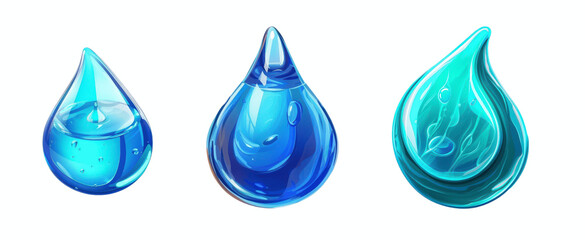 Three stylized blue water drops, isolated on transparent background, PNG or White Background	