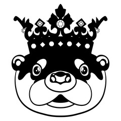 Stylized face of otter wearing royal crown. Funny animal mask. Cartoon style. Black and white silhouette.