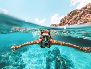 Happy woman snorkeling in crystal clear waters, an underwater paradise ideal for travel agency promotions of beach holidays