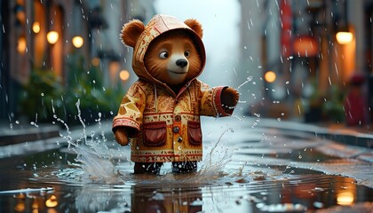 Playful bear character in vibrant raincoat joyfully splashing in puddles on a rainy urban street