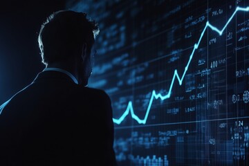 Businessman drawing a growth graph with a digital screen and financial data, a Business people concept on a blue background.