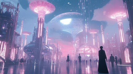 Poster - Futuristic Cityscape with Glowing Towers