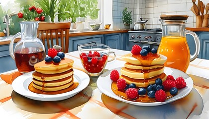 Charming watercolor illustration of a delightful breakfast spread featuring pancakes, syrup, and fresh berries on a warm kitchen table