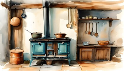 Nostalgic watercolor of a cozy rustic kitchen featuring an old-fashioned wood stove, infused with soft washes of color that evoke warmth and comfort