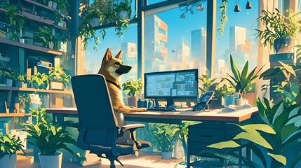 Dog at a standing desk, bright natural light pouring in, modern office with greenery, open and fresh atmosphere