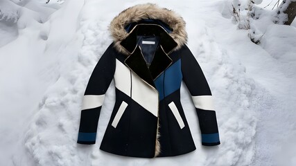 Woman puffer jacket in the white snow . Black blue red color jacket. blank jacket mockup for woman .winter cloth collection