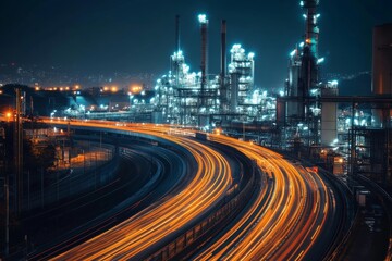 Night view of an industrial plant with light trails and city lights in the background.