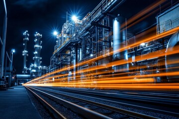 Night view of an industrial plant with light trails and city lights in the background.