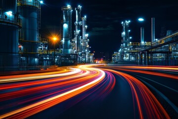 Night view of an industrial plant with light trails and city lights in the background.