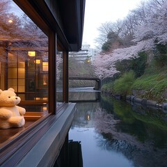 Wall Mural - Modern hotel with bear dolls on window and traditional hot spring ryokan by river with sakura blossom and skyline reflection at Ureshino onsen town, Saga, Kyushu, Japan. Famous travel destination.