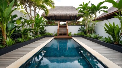 Wall Mural - Luxurious outdoor pool area with a modern, tropical design. The layout features a rectangular infinity pool surrounded by a wooden deck.