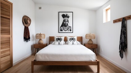 minimalist bedroom with a modern, clean design. The room features a wooden bed frame with a white bedspread and two decorative pillows, one with a palm tree design.