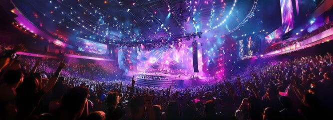 Wall Mural - 51. **A dynamic indoor arena with a large stage, bright lights, and a crowd of excited spectators. The backdrop includes colorful decorations and a lively atmosphere.