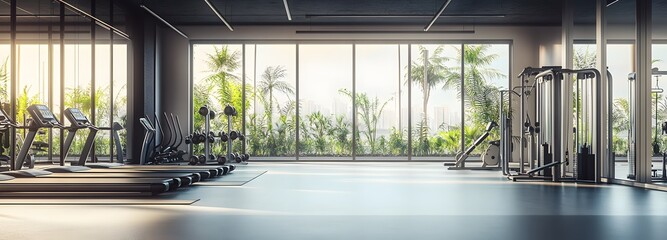 Wall Mural - 57. **a sleek, modern gym with state of the art equipment, mirrored walls, and large windows. the ba