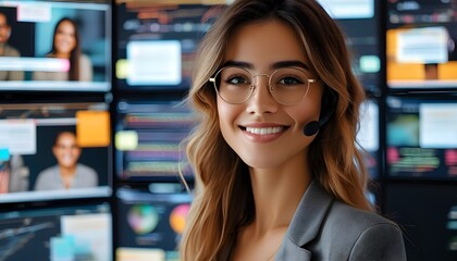 Wall Mural - Dynamic digital marketer radiating joy amidst multiple screens showcasing her thriving e-commerce campaigns