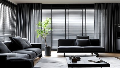 Stylish living room featuring gray curtains, sleek black furniture, and modern horizontal striped blinds