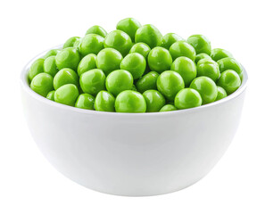 Wall Mural - White bowl with green peas isolated on transparent background, top view