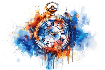 A vibrant watercolor illustration of a pocket watch surrounded by splashes of color.