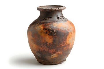 A rustic, ancient pottery jar with a textured surface and earthy colors.