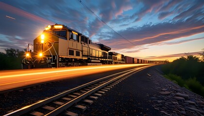 Wall Mural - Captivating Long Exposure Capture of Freight Train Snaking Through Railway Tracks at Dusk