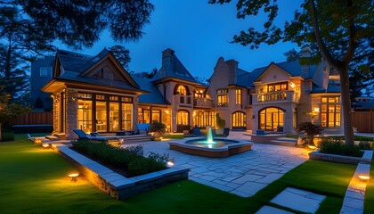 Wall Mural - Elegant mansion backyard illuminated under the night sky.