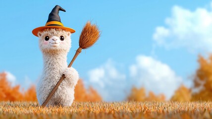 A cute and whimsical alpaca dressed in witchs hat holds broomstick, set against vibrant autumn landscape with colorful foliage and bright blue sky