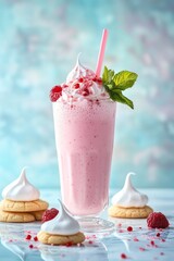 Wall Mural - A light pink-colored smoothie in a tall glass with a straw, decorated with fresh mint and red fruits on a white marble table.