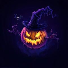 Canvas Print - Spooky Halloween Jack-o'-Lantern with Witch Hat and Bat