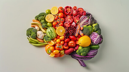 a colorful human brain shape by fruit and vegetables on white background