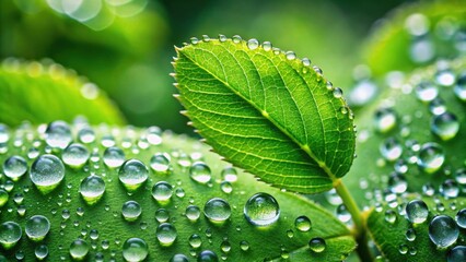 Wall Mural - Raindrops glistening on green leaves, symbolizing freshness and renewal, Rain, drops, water, leaves, green, freshness