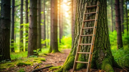 Ladder leaning against a tree in a forest , outdoors, nature, wooden ladder, climbing, gardening, adventure