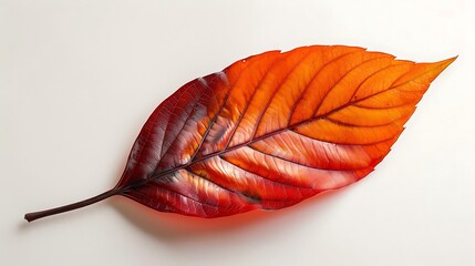 A vibrant red and orange leaf showcasing autumn colors against a light background.