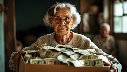 Canvas Print - Elderly woman cherishing a large box overflowing with money in a cozy home, symbolizing inheritance and the legacy of family wealth