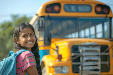 Back to School education concept. Portrait of cute happy smiling little Indian pupil teenage girl,  teenager student standing in front of school bus vehicle