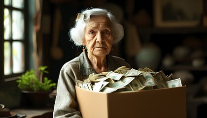 Elderly woman cherishing a large box overflowing with money in a cozy home, symbolizing inheritance and the legacy of family wealth