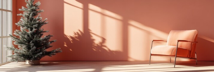 Wall Mural - A minimalistic peach-colored background with shadows from a window, a pastel-colored wall, and a Christmas tree in a vase.