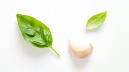 10. Top view of a single garlic clove and a basil leaf, perfectly isolated on a clean white background, highlighting their natural forms and vibrant green