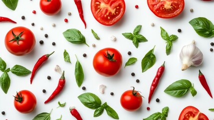 16. Top view of a creative layout featuring tomatoes, basil leaves, chili peppers, onions, and garlic, all isolated on a white background, forming a vibrant pattern