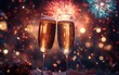 © AlexCaelus - Two champagne glasses clinking together with colorful fireworks in the background, symbolizing celebration and festive joy.