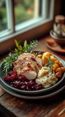 Delicious roasted chicken with mashed potatoes, cranberry sauce, and herbs served on a rustic wooden table by the window.