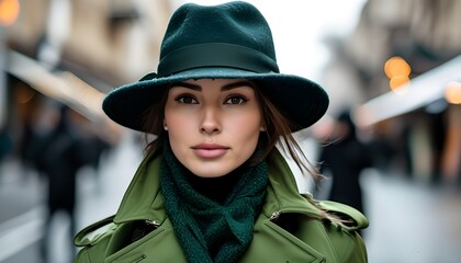 Sticker - Chic European model in stylish winter attire showcasing a vibrant green trench coat on a bustling city street