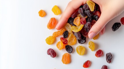 51. Close-up of a woman's hand reaching for a mix of dried fruits, showcasing the vibrant colors and natural textures of the healthy snack, isolated on a white background