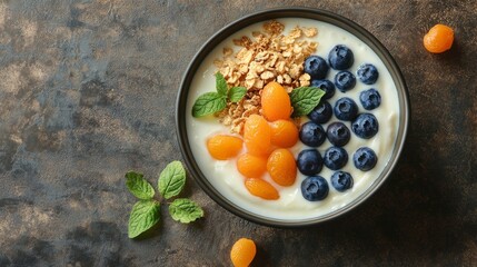 78. Detailed shot of a bowl of creamy yogurt garnished with fresh blueberries, crunchy corn flakes, and juicy apricots, set on a textured brown surface