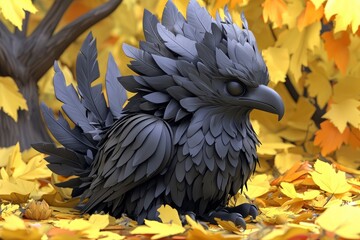 Sticker - Black Feathered Creature in Autumn Leaves